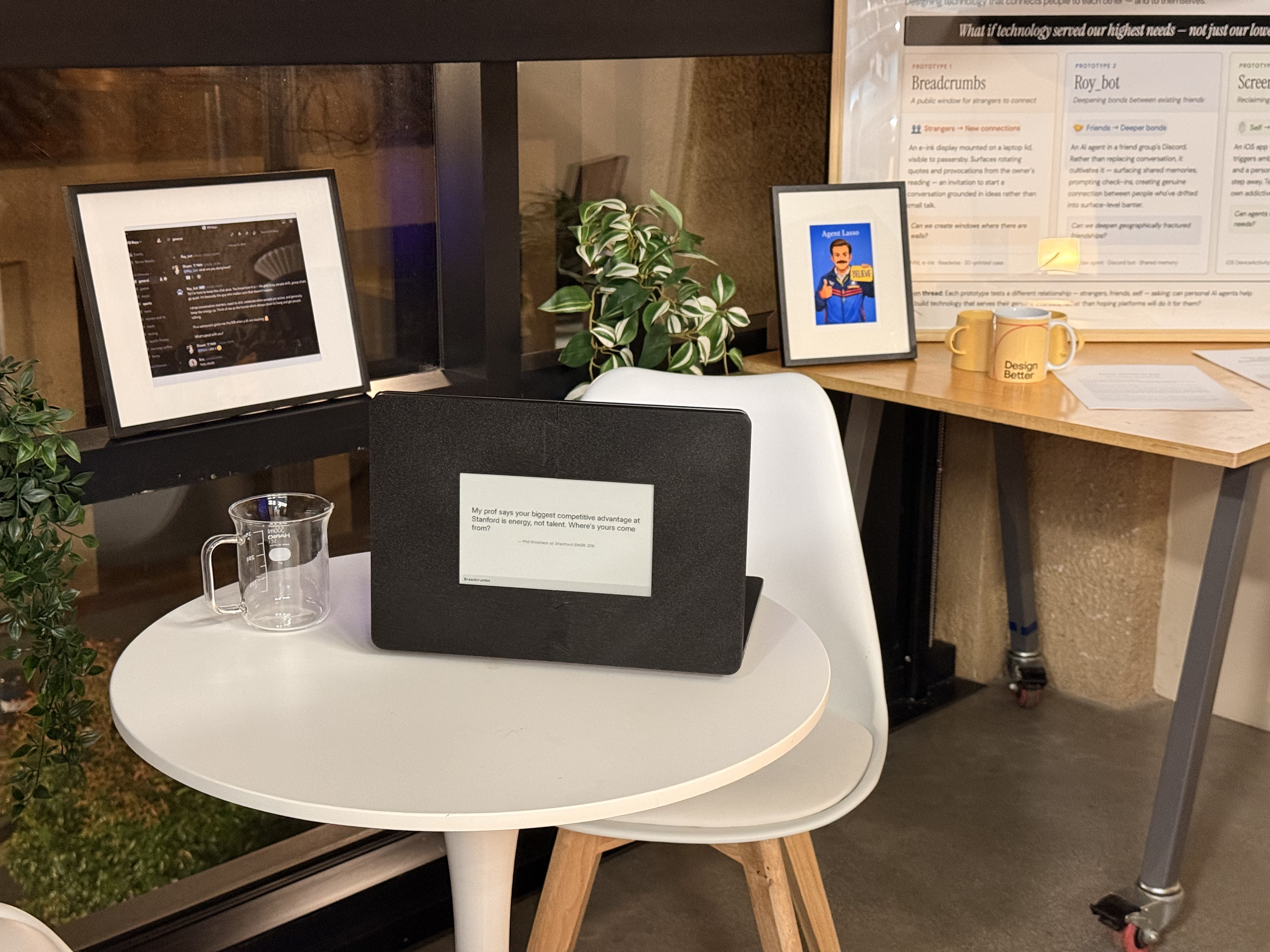 Breadcrumbs in situ — an e-ink window mounted on a laptop lid in a shared space