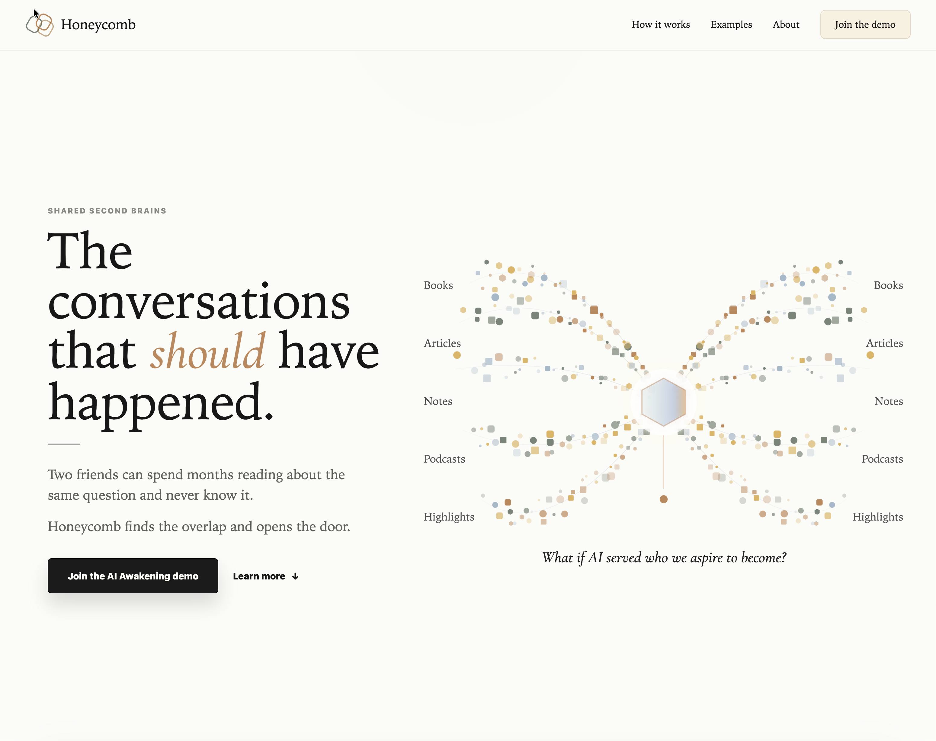 Honeycomb landing page — bowtie visualization of two reading trails converging on a central hexagon