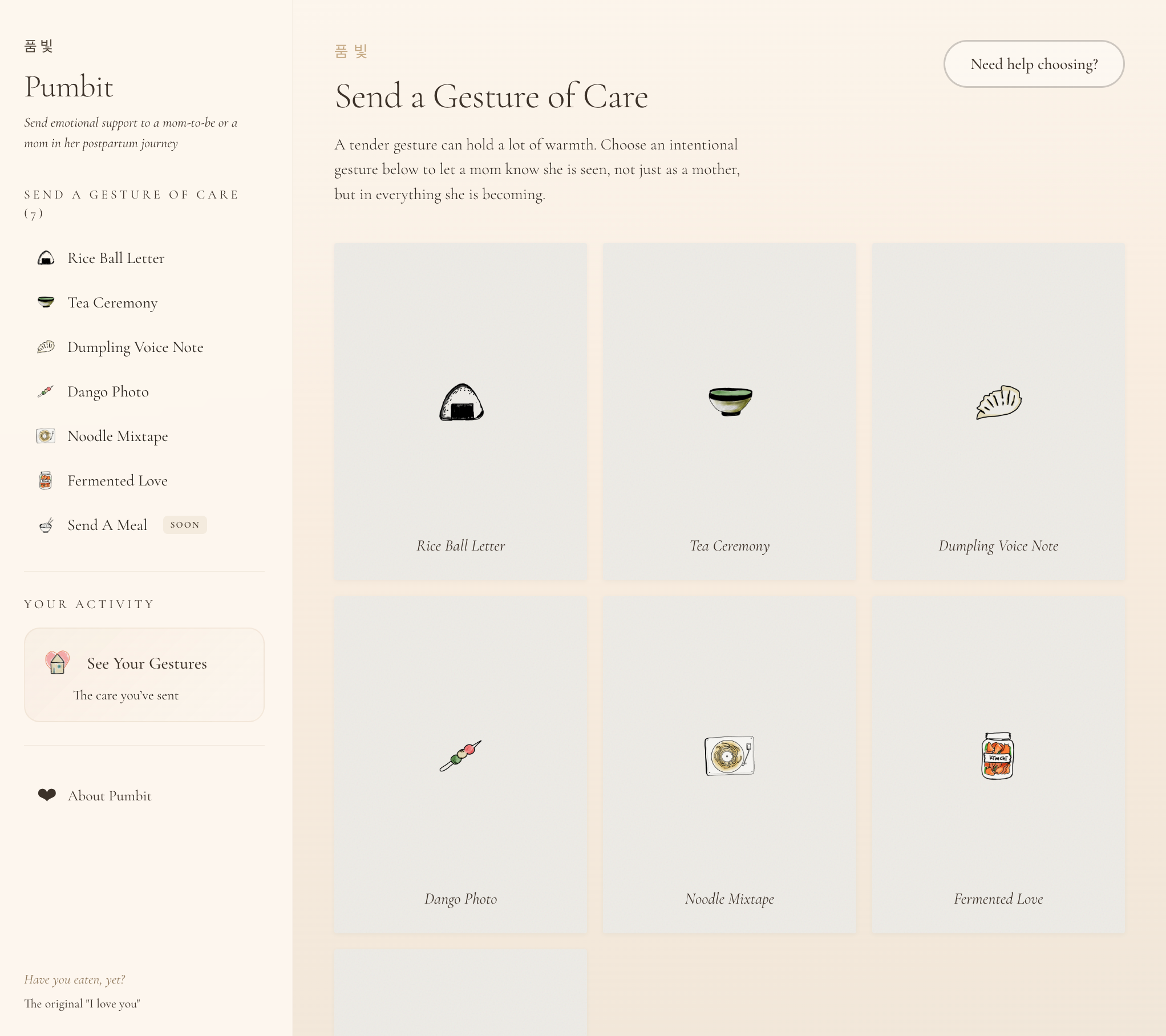 Pumbit — 'Send a Gesture of Care', the Village's catalogue of named gestures
