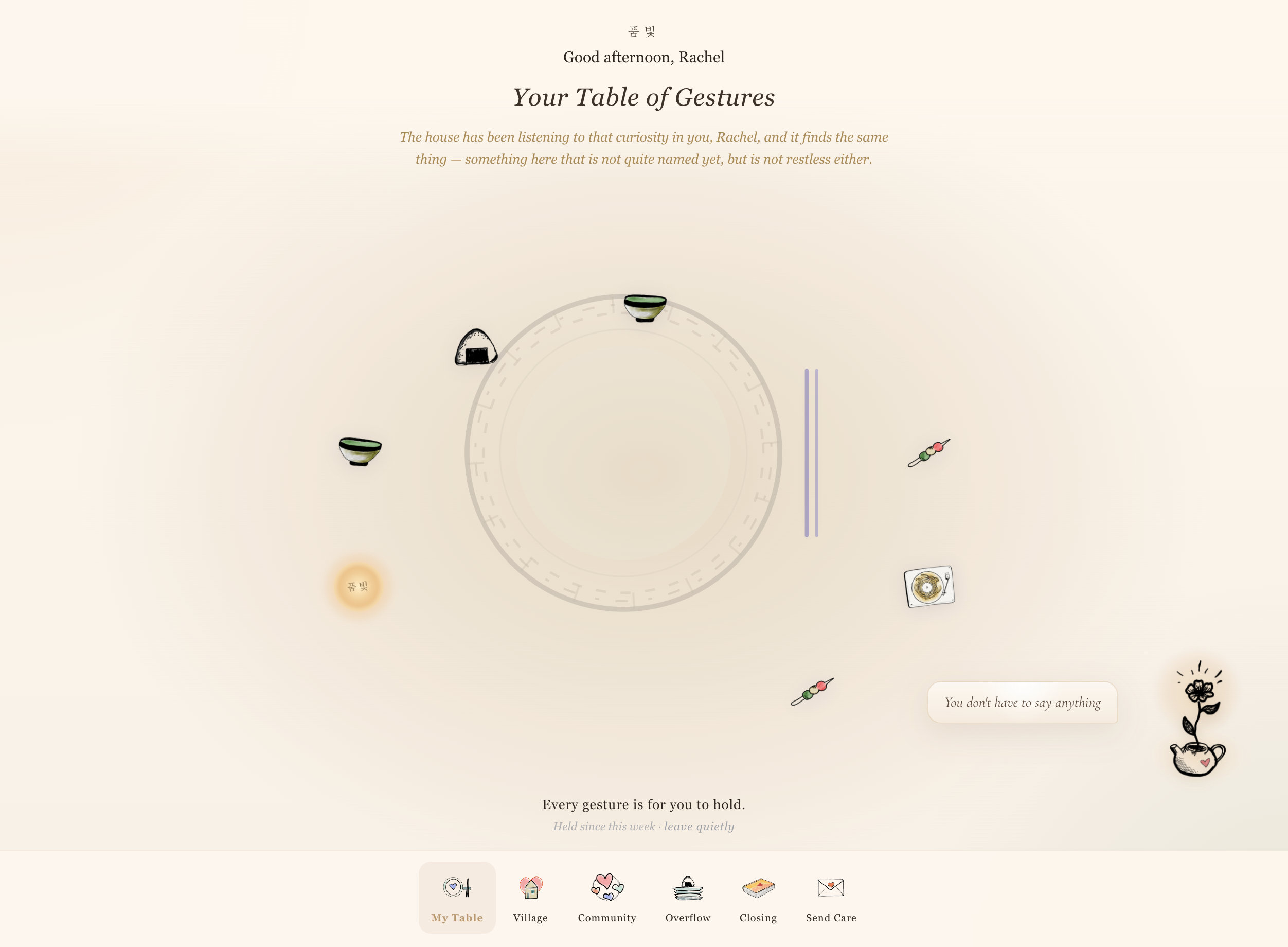 Pumbit — 'Your Table of Gestures', the Mother's home view: a plate surrounded by small gestures of care
